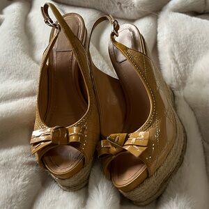 Dior Beige Cannage Patent Leather Bow Wedge Espadrille Platform Sandals